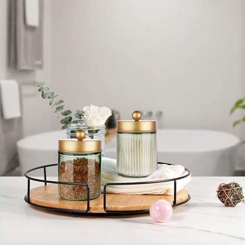 Amolliar Green Glass Apothecary Jar, Qtip Holder Bathroom Decor Gold 4 Pack - Image 6