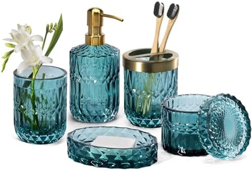 EMPO 6-Piece Vintage Glass Bathroom Accessories Set (Ocean Teal Blue) Decor by EMPO