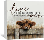 Highland Cow Farmhouse Wooden Box Sign - Farmhouse Western Animal Office Kitchen Bathroom Decor,Farm Live Like Someone Left The Gate Open,Highland Cow Gifts For Women by Nitelat