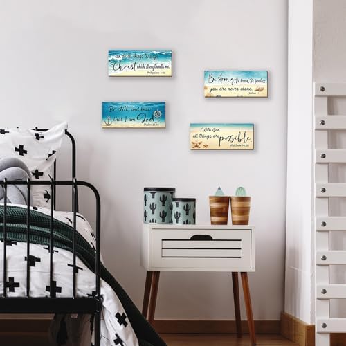 4 Pieces Beach Wall Decor Ocean Bathroom Decor With Bible Verses Wooden Christian Farmhouse Sign for Home Religious Prayer Wall Art for Living Room Office Bedroom Bathroom(Beach,10x4") - Image 7