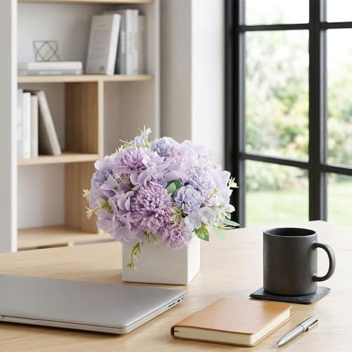 TKAS Fake Flowers Arrangement in Ceramic Vase, Artificial Faux Silk Hydrangea, Small Realistic Dried-Style Floral Centerpiece for Dining Table, Wedding Party Home Decoration (Purple) - Image 4