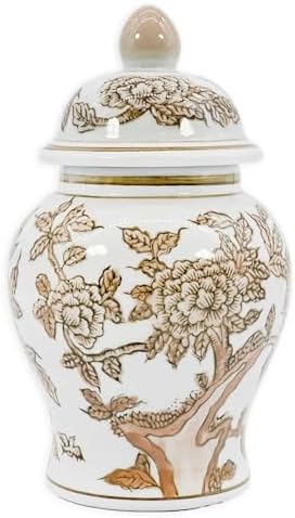 8" Ceramic Ginger Jar w/Lid - Classic Chinese Style Porcelain Jar Tea Storage for Home Decor Decorative Centerpiece Vintage Accent Antique Vase Jingdezhen (Brown & White) by GaltInternational