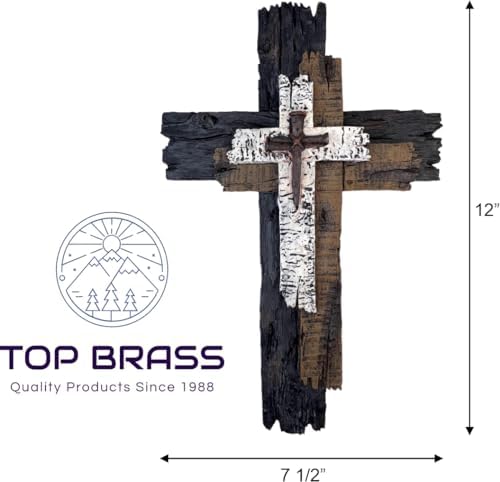 Top Brass Decorative Wall Cross – 12” Rustic Multi Layered Weathered Wood Look – Spiritual Jesus Art Décor/Crucifix Sculpture - Image 2