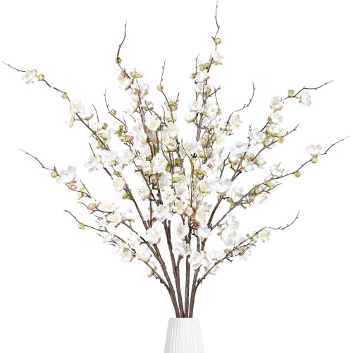Sggvecsy Artificial Plum Blossom Flowers 4 Pcs Faux Cherry Blossom Stems Faux Silk Plum Blossom Branches 36.2’’ Fake Flowers Long Stems for Vase Arrangements Home Wedding Table Decor (White) by Sggvecsy