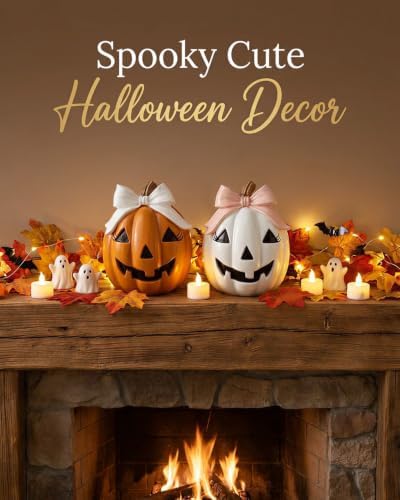 GoGnome Halloween Decor Spooky Cute Fall Pumpkin with Bow Tabletop for Shelf Mantel Tiered Tray Home Office Party Decorations (Orange & White) - Image 3
