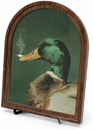 Wooden Sign with Stand Decoration, Mallard Duck Decor Arched Wood Frame Tabletop Decor, Funny Duck Retro Whimsical Print for Bedroom Living Room Desk Mantel Bookshelf Cabin Office by Unknown