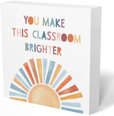 Boho Sunshine Classroom Wooden Box Sign 5x5 Inch, You Make This Classroom Brighter Inspirational Wood Signs for Kids Playroom Nursery Preschool Desk Table Shelf Decor by Welcometowoodforest