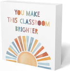 Boho Sunshine Classroom Wooden Box Sign 5x5 Inch, You Make This Classroom Brighter Inspirational Wood Signs for Kids Playroom Nursery Preschool Desk Table Shelf Decor by Welcometowoodforest