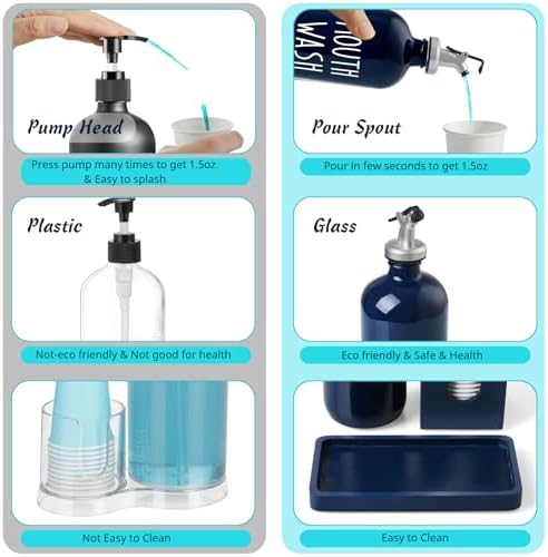 Glass Mouthwash Dispenser for Bathroom, 16 OZ Mouthwash Dispenser with Pour Spout and Wood Cup Holder and Tray, Mouth Wash Bottle Container, Farmhouse Kitchen Bathroom Decor and Accessories, Navy Blue - Image 5