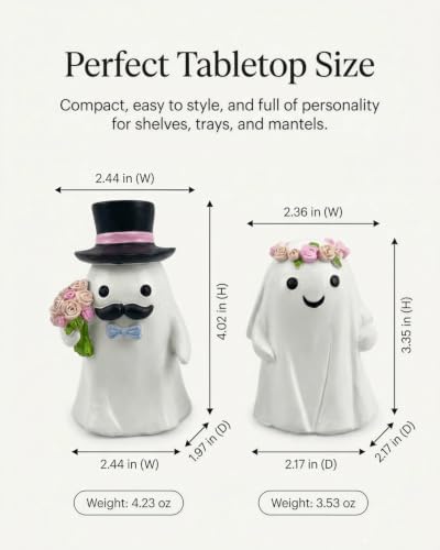 GoGnome Halloween Ghost Bride & Groom Figurine Set of 2, Cute Resin Ghost Couple Decorations with Top Hat, Bow Tie & Flower Crown (White Ghostly Wedding) - Image 7