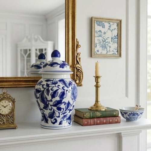 8" Ceramic Ginger Jar w/Lid - Classic Chinese Style Porcelain Jar Tea Storage for Home Decor Decorative Centerpiece Vintage Accent Antique Vase Jingdezhen (Blue & White Flower 2) - Image 3