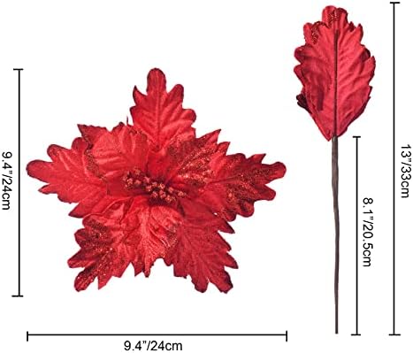 10 PCS Glitter Poinsettias, 9.4" Artificial Christmas Flowers, Red - Image 5