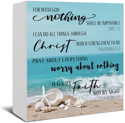 Coastal Beach Christian Wooden Box Sign, Ocean Room Decor, Inspirational Bible Verse Sea Shell Wood Signs for Beach House Cabin Home Office Desk Table Shelf Decor, 5x5 Inch by HSIASHENG