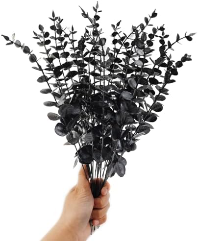 TIHOOD 14PCS 15” Black Eucalyptus Stems Artificial Eucalyptus Leaves Branches Fake Eucalyptuses Decor Faux Eucalyptus leaf Stem for Halloween Autumn Fall Floral Arrangement Wedding Bouquet Home Office - Image 4