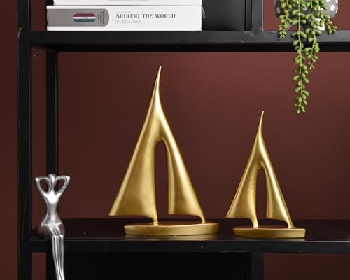 Modern Sculptures Home Decor, Gold Sailboat Decor Ornament, Boat Decorations Statue Decor, Art Sculptures and Statues, Sailboat Gifts Home Office Bathroom Shelf Decor Nautical Decor (2 Pack) - Image 2