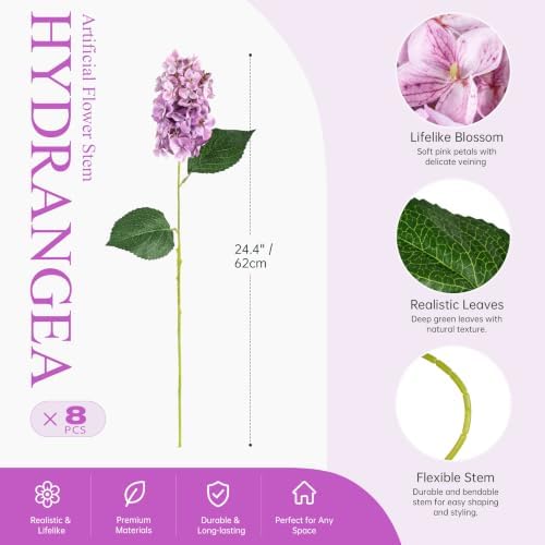 Ttranewsoo Fake Hydrangea Silk Flowers with Stems,Faux Hydrangea Artificial Flowers Purple for Home Wedding,Dried Hydrangea Artificial Flowers Bouquet Vase Decor 24"（ Purple ） 8pcs No Vase - Image 2