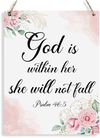Inspirational Decor God is Within Her She Will Not Fall Psalm 46:5 Christian Gifts for Women Bible Verse Wall Art Scripture Wooden Hanging Sign for Kids Room Bathroom Bedroom Decor 8 x 10 Inches by BELLOWDEER