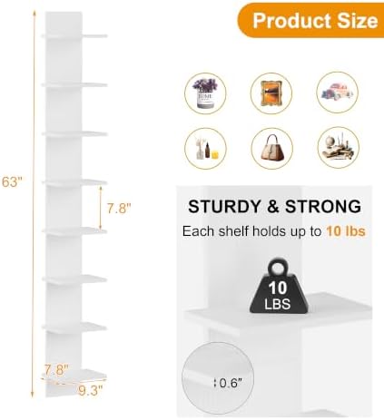 Qupui 8 Tier Wall Shelf Unit, 63 Inch Floating Storage, 9.3 Inch Wide,White - Image 2