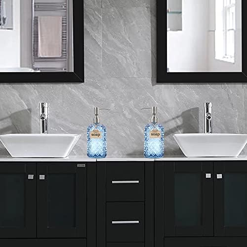 16 oz Diamond Pattern Glass Soap Dispenser, Kitchen and Bathroom Refillable Soap Dispenser with Rust Resistant Stainless Steel Pump for Hand Soap, Lotion Glass Liquid Dispenser(Blue - 2 Pack) - Image 6