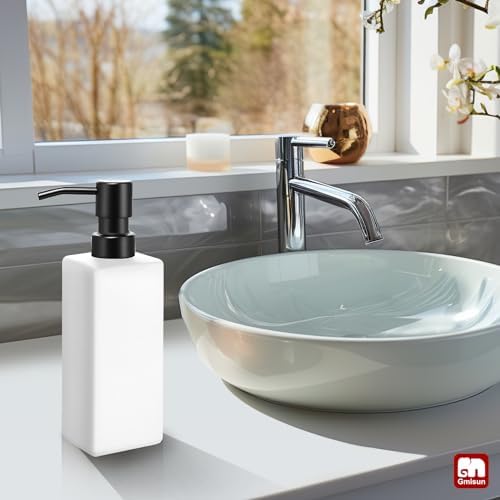 GMISUN White Soap Dispenser Bathroom, Hand Glass Soap Dispenser with Stainless Steel Pump, 12 fl oz/350ml Dish Dispenser for Kitchen, Modern Refillable Liquid Soap and Lotion Dispenser for Countertop - Image 5