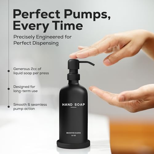Black Glass Hand Soap Dispenser Bathroom Set by Brighter Barns - Bathroom Soap Dispenser Set with Tray and Stainless Steel Pump - Modern Decor for Kitchen, Hotel, Vacation Rental, Restaurants (Black) - Image 4