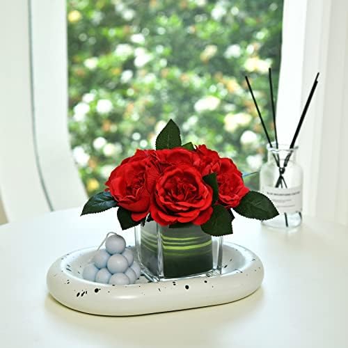 Artificial Peony Silk Flower Centerpieces Faux Floral Arrangement in Glass Vase for Home Wedding Table Decoration (Red) - Image 5