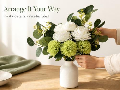 Fake Flowers Bouquet with Vase Faux Silk Flowers Mums Peony Eucalyptus - Image 4