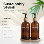 Amber Glass Hand and Dish Soap Dispenser Set by Brighter Barns - Kitchen Soap Dispenser Set with Tray - Bamboo Pump Bottles for Kitchen Sink - Modern Home Decor, Neutral Decor for Airbnb, Gift (Amber) - Image 2