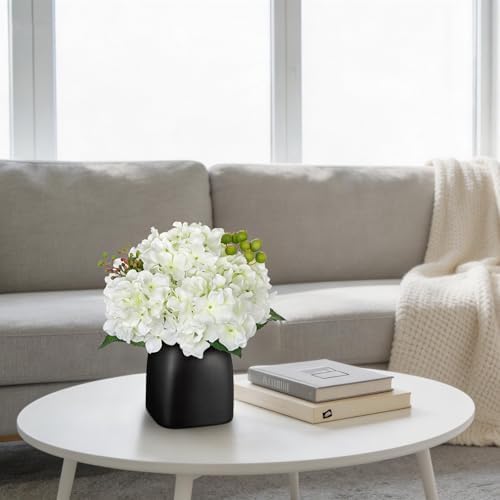 Briful Artificial White Hydrangea Arrangement, Matte Black Vase Centerpiece - Image 2