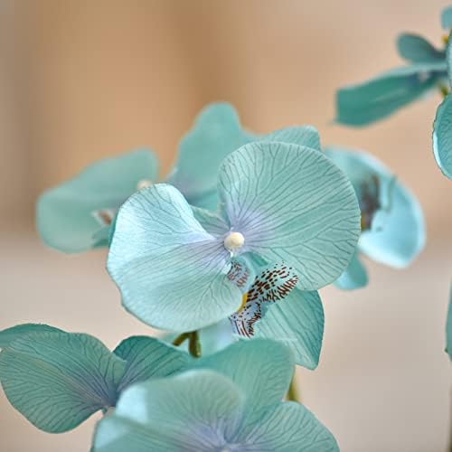 Large Artificial Orchid Arrangement in Oval Ribbed Ceramic Pot, Golden Blue - Image 2