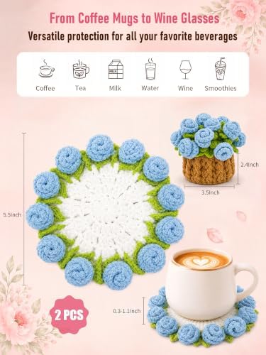 Crochet Flower Bouquet Coasters, Cotton Rose Gifts for Home Decor 2Pcs - Image 2