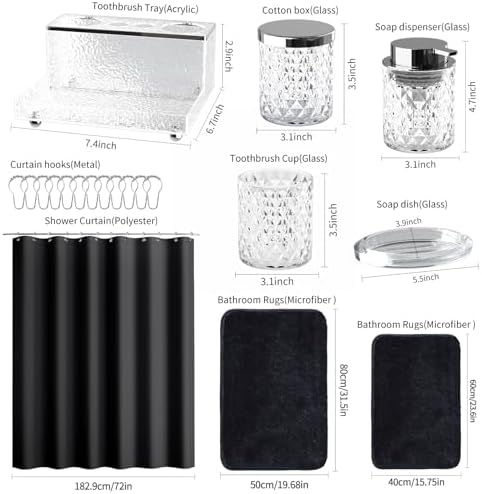 Glass Bathroom Accessories Set, Bathroom Set with Shower Curtain and Rugs, Soap Dispenser, Soap Dish, Cup, Qtip Jar, Toothbrush Holder, Stylish & Functional Bath Decor for Home, Apartment - Image 4