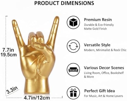 QIANLING 7.7" Gold Rock On Hand Statue, Modern Hand Gesture Sculpture, Rock Music Room Decor, Heavy Metal Party Accent Tabletop Figurine for Desk, Bookshelf, Mantel & Home Office - Image 2