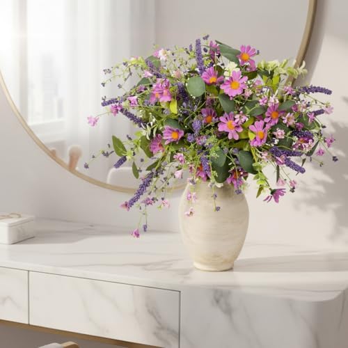 20" Artificial Flowers Bouquet for Vase Indoor, 6 stem Faux Silk Daisies Lavender Silver Dollar Eucalyptus Leaves Wildflower Floral Arrangement Home Decor for Living Room Dining Table Entryway - Image 5