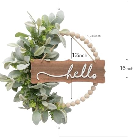 Green Wreath for Front Door, Wood Bead Wreaths with Artificial Lambs Ears Leaves, Hello and Welcome Door Sign Wreath for Home Decor, Spring Summer Green Leaf for Wedding Decor - Image 3