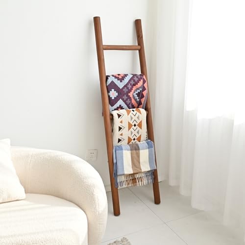 FUIN Blanket Ladder, 57in Rustic Wood Decor Rack, Fully Assembled, DK.Brown - Image 7