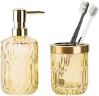 RRM Glass Bathroom Toothbrush Holder and Soap Dispenser Set,Clear Gold by RRM