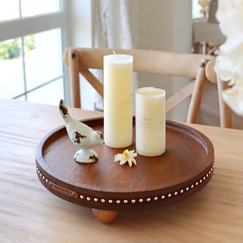 Round Wooden Decorative Tray Coffee Table Tray Home Decor 11.8" Brown - Image 2