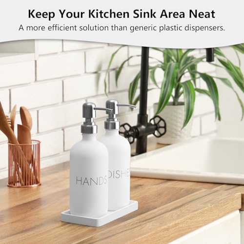 White Dish and Hand Soap Dispenser Set - Glass Kitchen Soap Dispenser with Tray and Stainless Steel Pump - for White Kitchen Decor and Accessories - Image 5