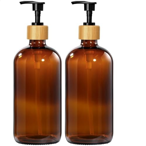 GMISUN Amber Glass Soap Dispenser, 2 Pack Bathroom Hand Soap Dispensers with Bamboo Pump, 17 Fl Oz Kitchen Hand and Dish Soap Dispenser Set, Modern Vintage Liquid Brown Soap Dispensers Bottle by GMISUN