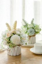 TKAS Artificial Faux Silk Fake Flowers Arrangement, Small Realistic Roses & Hydrangea in Ceramic Vase, Dining Table Centerpiece for Wedding Party Home Decoration (White) - Image 4