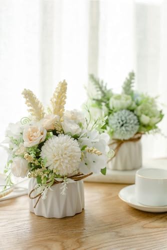 TKAS Artificial Faux Silk Fake Flowers Arrangement, Small Realistic Roses & Hydrangea in Ceramic Vase, Dining Table Centerpiece for Wedding Party Home Decoration (White) - Image 4