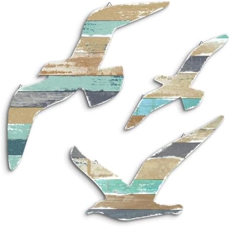 Putuo Decor Coastal Seagull Wall Decor Set of 3, Wooden Beach Wall Art on MDF with Distressed Nautical Stripes, Lightweight Ocean Theme Wall Hanging for Bathroom Living Room Bedroom Entryway by PUTUODECOR