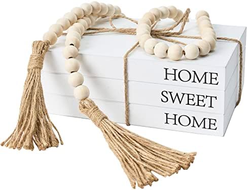 Decorative Books for Home Decor, White Faux Books for Decoration, Rustic Farmhouse Stacked Display Books with 52in Wood Bead Garland for Coffee Tables Living Room, (Home Sweet Home) by OMISHE