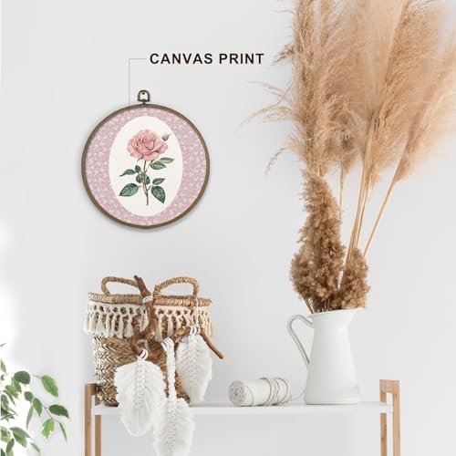 dvhdajed Coquette Pink Rose Round Wall Art Decor, Preppy Floral Framed Canvas Art, Pink Rose Nursery Round Wall Hanging Decor for Girl Room Bedroom Living Room Bathroom, 10x10 Inch - Image 3