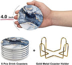 Coasters Set of 6, Navy Blue Marble Abstract Ceramic Coasters with Holder - Image 3