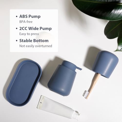 INGOFIN 3 Pcs Ceramic Bathroom Accessory Set - Liquid Soap Dispenser, Toothbrush Holder & Tray, Bathroom Counter Set, Countertop Essentials for Home, Guest Bathroom, or Office Use, Matte Blue - Image 6