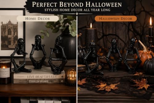 Black Skeleton Decor Set of 3, Thinker Skeleton Figurines for Home Decor, Gothic Shelf Decor Aesthetic, Resin Halloween Decorations for Bookshelf, Desk, Coffee Table - Image 6