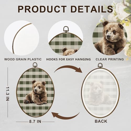 dvhdajed Vintage Bear Oval Wall Art Decor, Cabin Bear Green Checkered Framed Canvas Art, Baby Boys Nursery Decoration, Farmhouse Rustic Animal Wall Hanging Decor for Toddler Room Bedroom,8.7x11.3 In - Image 7