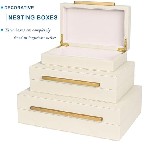 Beige Shagreen Decorative Box Set of 3 - Faux Leather Nesting Storage Boxes with Lids, Large Modern Jewelry Organizer, Stackable Home Decor Box for Bedroom, Bathroom & Office - Image 5